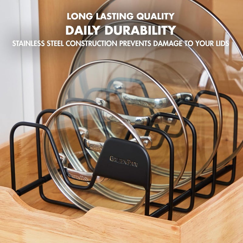 GREEN PAN Stainless Steel Wire Pots and Pans Lid Storage Rack, Holds 4 Lid Covers, Easy Storage, Countertop or Cabinent Organizer, Minimizes Clutter, Fast Drying, Wipes Clean, Black - Image 5